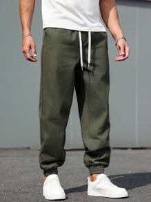 Manfinity Homme 男士休闲抽绳腰锥形牛仔裤 - 軍綠色 - 查看 4