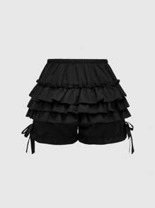 ROMWE Quần short bí ngô Gothic dễ thương 3 lớp viền bèo nhún cho nữ cỡ lớn có nơ trang trí - màu đen - Xem 2