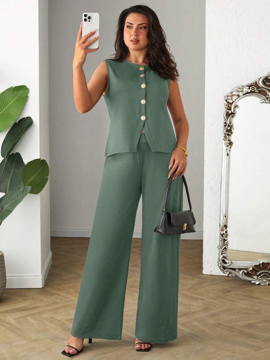 SHEIN Cottnline Women Plus Two Pieces Outfit With Vest And Pant - Mint Green - View 1