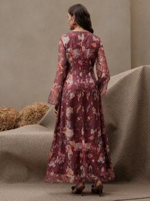 Anewsta 女式花卉印花长袖休闲长裙，优雅时尚 - 酒紅色 - 查看 2