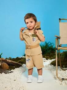 SHEIN Baby Boy Trang phục thường ngày Xuân/Hè Hàng ngày Phong cách phiêu lưu ngoài trời Động vật Áo có hoa văn 3D + Bộ quần short - Màu Khaki - Xem 3