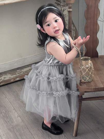 DAZY 女婴缎面网眼拼接圆领无袖蓬松连衣裙