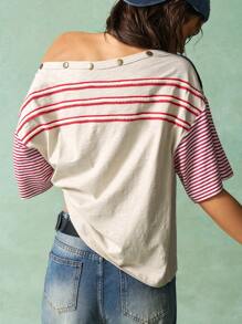 Bohemela Plus Striped & Number Print Asymmetrical Neck Tee - Apricot - View 7
