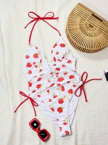 SHEIN Random Floral Print Ruched Wireless Halter Drawstring One-Piece Swimsuit Cute Teenage Girl Beach Bikini' - Multicolor - View 5