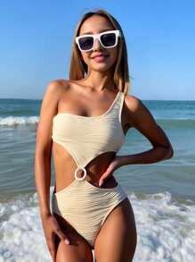 SHEIN 青少年女孩不对称分体连体泳衣，合身、休闲、舒适、运动风格