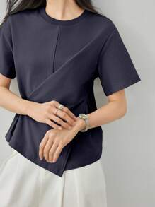 Dazy-Less Áo thun nữ công sở mùa hè, kiểu dáng thường ngày, thắt nút bất đối xứng, tay ngắn, thích hợp cho giáo viên. - Màu xanh hải quân - Xem 5