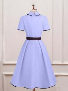 Franclia Women's Fashionable French Style Waist Cinched Contrast Color Dress, Spring/Summer - Mauve Purple - View 2