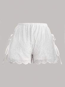 Sweetra Women Summer Holiday Lace Embroidery Side-Tie Shorts - White - View 2
