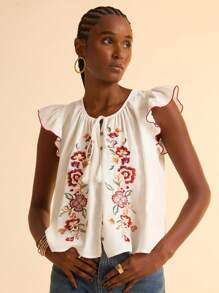 CAJUNI 女士休闲度假白色梭织刺绣盖袖撞色饰边纽扣流苏领带沙滩背心，宽松版型 - 彩色 - 查看 6