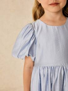 SHEIN Young Girls & Elegant Gray-Blue Floral Ruffled Sleeve Dress