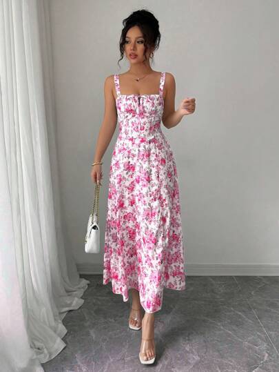 Elenzga Women's Floral Print Tie-Front Sleeveless Midi Dress, Suitable For Vacation