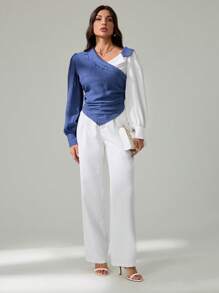 SHEIN Tall Women's Autumn Color Block Ruched Asymmetric Hem Fashion Long Sleeve Blouse, Tall Women - Blue and White - View 7