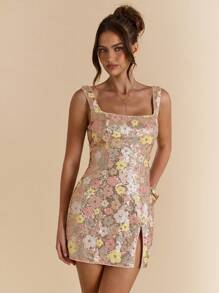 SHEIN BAE 纯色粉色亮片花卉优雅侧开衩细肩带迷你连衣裙，缀饰 3D 花朵鸡尾酒会礼服，适合度假、海滩、音乐节、生日派对、早午餐、婚礼宾客服装、伴娘礼服 - 粉色 - 查看 5