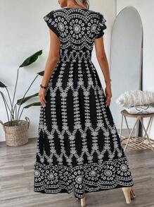 SHEIN LUNE 褶皱荷叶边荷叶袖喇叭腰下摆长裙，蓝白瓷印花，女士休闲度假优雅街头服饰 - 黑色 - 查看 2