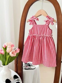 SHEIN LMoss Kids Babygirl 可爱夏日度假红白格子吊带背心裙 - 紅白色 - 查看 4