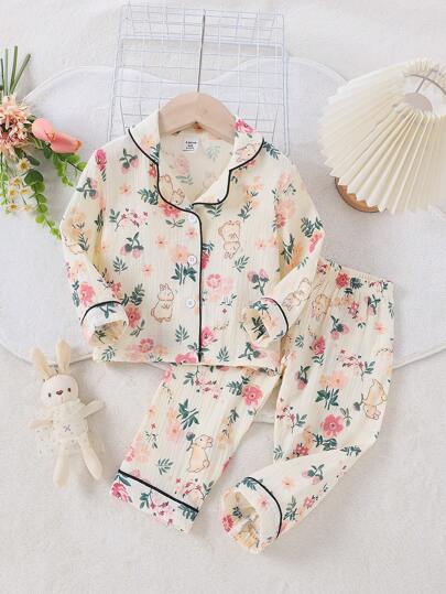 2pcs/Set Toddler Girls Rabbit & Floral Print Casual Loose Long Pants And Long Sleeve Pajamas Set
