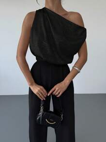 Firerie 女士情人节不对称露肩宽松金属涂层无袖衬衫，优雅浪漫，适合约会、派对、日常通勤 - 黑色 - 查看 5