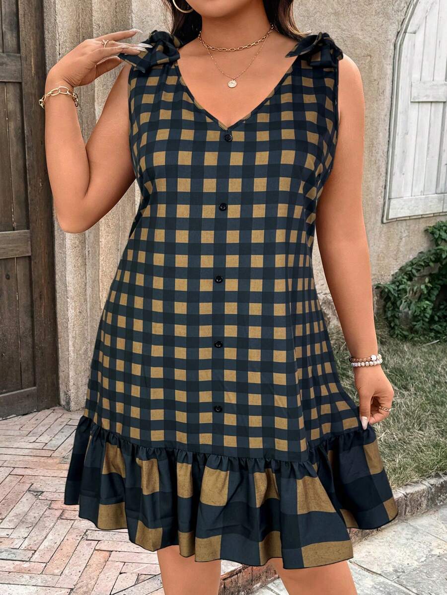 SHEIN LUNE Váy midi thường ngày kẻ caro viền bèo cỡ lớn Trang phục mùa xuân cho phụ nữ Trang phục mùa hè cho phụ nữ Quần áo mùa hè Trang phục lễ Phục sinh cho phụ nữ Trang phục phương Tây cho phụ nữ Trang phục mùa hè cho phụ nữ Quần áo mùa hè Váy tốt nghiệp - màu đen - Xem 1