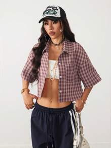 Coolane 女士春夏复古学院风短款格子宽松短款上衣新年红色衬衫女士 Polo 衫 - 粉色 - 查看 4