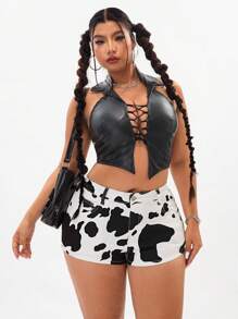 SHEIN ICON 大码高腰性感奶牛印花牛仔短裤 - 彩色 - 查看 6