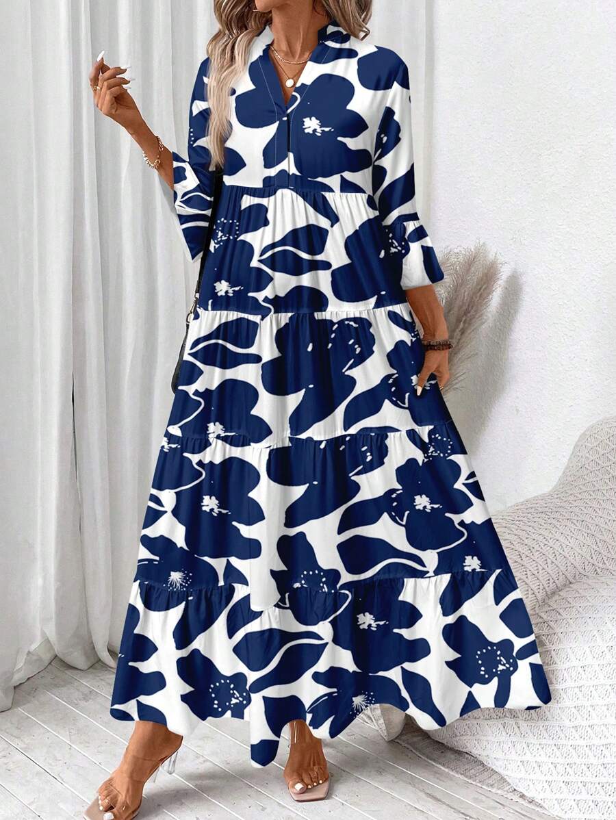 SHEIN LUNE Women's V-Neck Ruched Long Sleeve Dress, Suitable For Autumn,Bohemian Clothes Boho Chic Dress - Multicolor - View 1