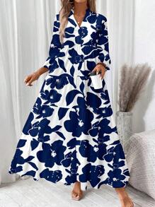 SHEIN LUNE Women's V-Neck Ruched Long Sleeve Dress, Suitable For Autumn,Bohemian Clothes Boho Chic Dress - Multicolor - View 3