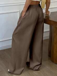 Livesso 女士宽松直筒裤，纯色抽绳腰休闲裤，夏季亚麻