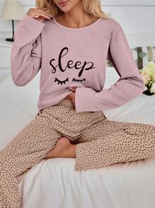 SHEIN Cottnline 100%纯棉两件套眼睛和心形印花睡衣套装 - 淺粉色 - 查看 6
