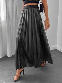 EURMUSE 女士优雅纯色百褶裙，夏季 - 深灰色 - 查看 1