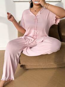 SHEIN Plus Size Solid Color Bow Decor Ribbed Knit Short Sleeve Top And Long Pants Pajama Set, Outfits - Pink - View 6