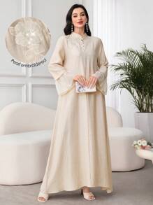 Al Najma 宽松长袖女式阿拉伯风格连衣裙，带贴花领、网眼袖子缝线 - 杏色 - 查看 9