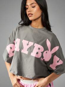 Missguided x Playboy 超大短款 T 恤都市街头运动休闲家居服复古标志短袖棉混纺休闲夏季春季时尚个性上衣 - 深灰色 - 查看 5