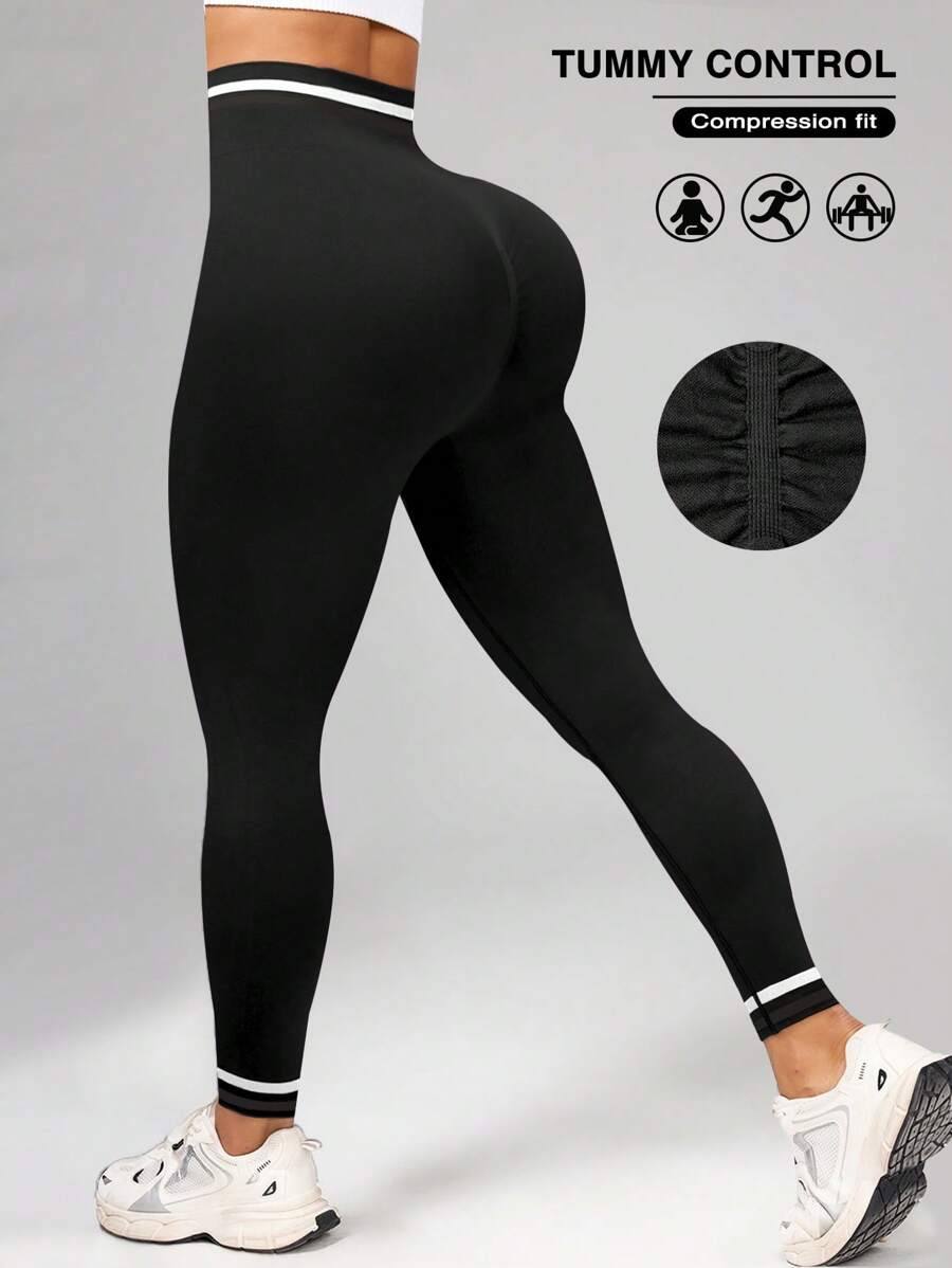 Easithlete 女式撞色高腰日常健身紧身裤，无缝瑜伽裤 - 黑色 - 查看 1