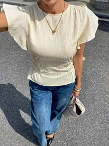 Siren Gaze 女式休闲纯色盖袖收腰衬衫，夏季