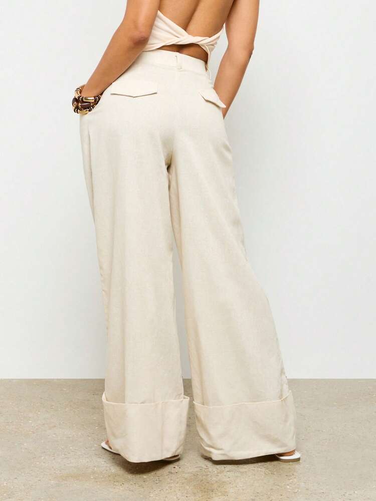 Linen Wide Leg Trousers With Turn Up Hem