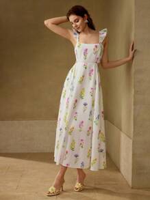 MOTF PREMIUM 花卉印花荷叶边连衣裙 - 白色 - 查看 5