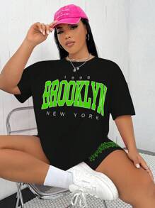 SHEIN MOOSTA 2pcs Plus Size Set, Letter Print Round Neck Short Sleeve T-Shirt And Shorts, Suitable For Summer - Black - View 1