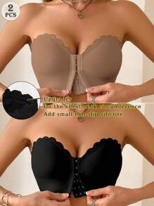 2pcs Women's Multicolor Bras, Front Closure Ruffled Push-Up Removable Padded Underwear - Multicolor - View 1