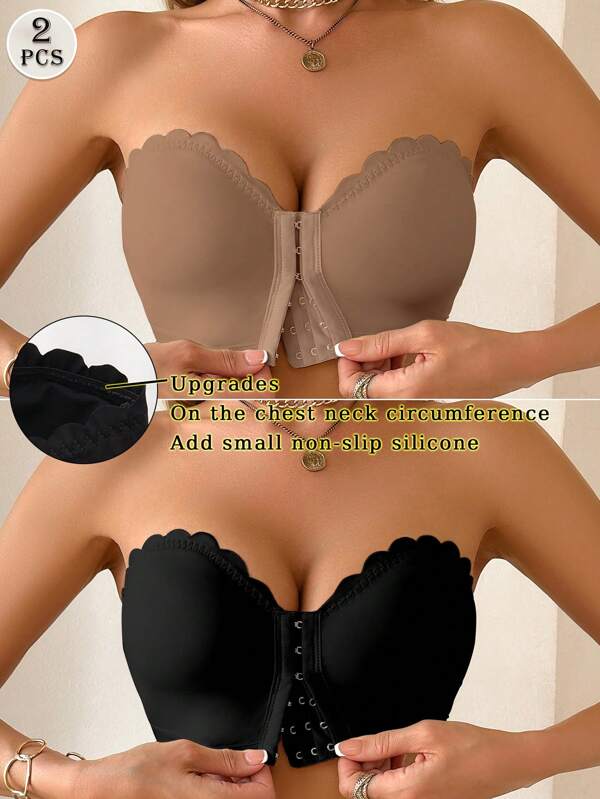 2pcs Women's Multicolor Bras, Front Closure Ruffled Push-Up Removable Padded Underwear