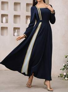 Chiquease 法式优雅浪漫编织蓝色拼接白色腰带金色蕾丝边长裙女装夏季 - 藍白色 - 查看 3