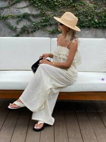 Livesso Women's Vacation Ruffled Camisole & Wide Leg High Waist Pants Set - Beige - View 2