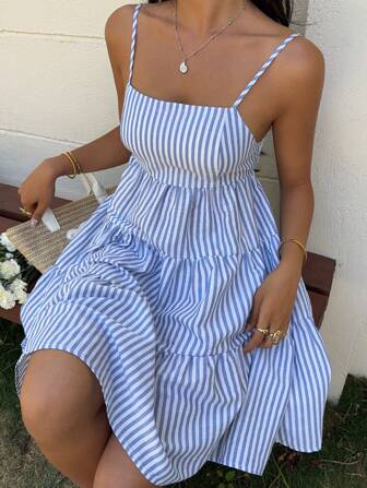 MainGRL 女士蓝色条纹梭织吊带背心连衣裙