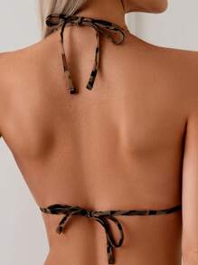 SHEIN Swim Traje de baño de una pieza con estampado de leopardo y espalda descubierta estilo halter para playa y mar, primavera/verano