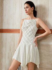 Chiquease 女士休闲优雅通勤不规则下摆条纹细肩带梭织连衣裙 - 彩色 - 查看 1