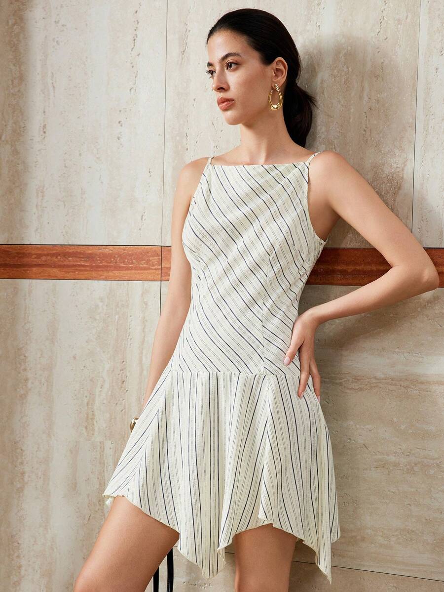 Chiquease 女士休闲优雅通勤不规则下摆条纹细肩带梭织连衣裙 - 彩色 - 查看 1