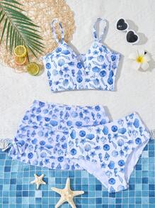 3pcs Tween Girls Fashionable Shell Print Bikini Sets - Multicolor - View 1
