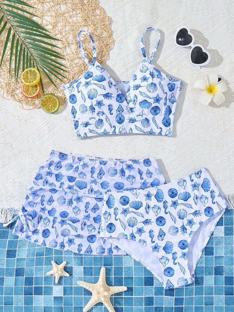 3pcs Tween Girls Fashionable Shell Print Bikini Sets - Multicolor - View 1