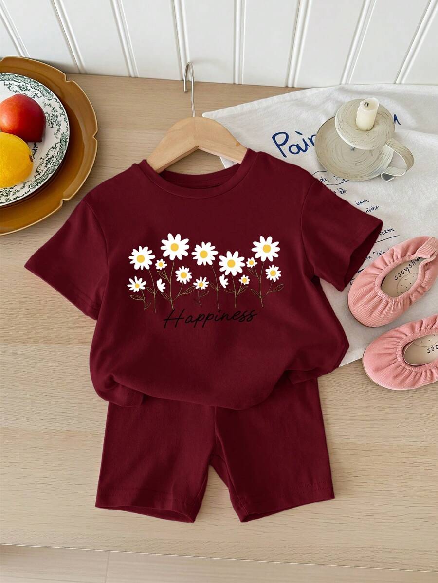 SHEIN Happikins Baby Girl Casual Minimalist Short Sleeve Shorts Set, Suitable For Summer - Burgundy - View 1