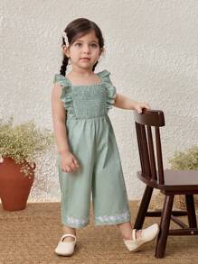 Blossori Baby Girls Pastoral Resort Embroidered Ruffle Hem Bib Overall Pants - Green - View 4