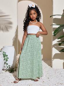 SHEIN 青春期女孩休闲度假碎花中长裙 - 薄荷綠 - 查看 3